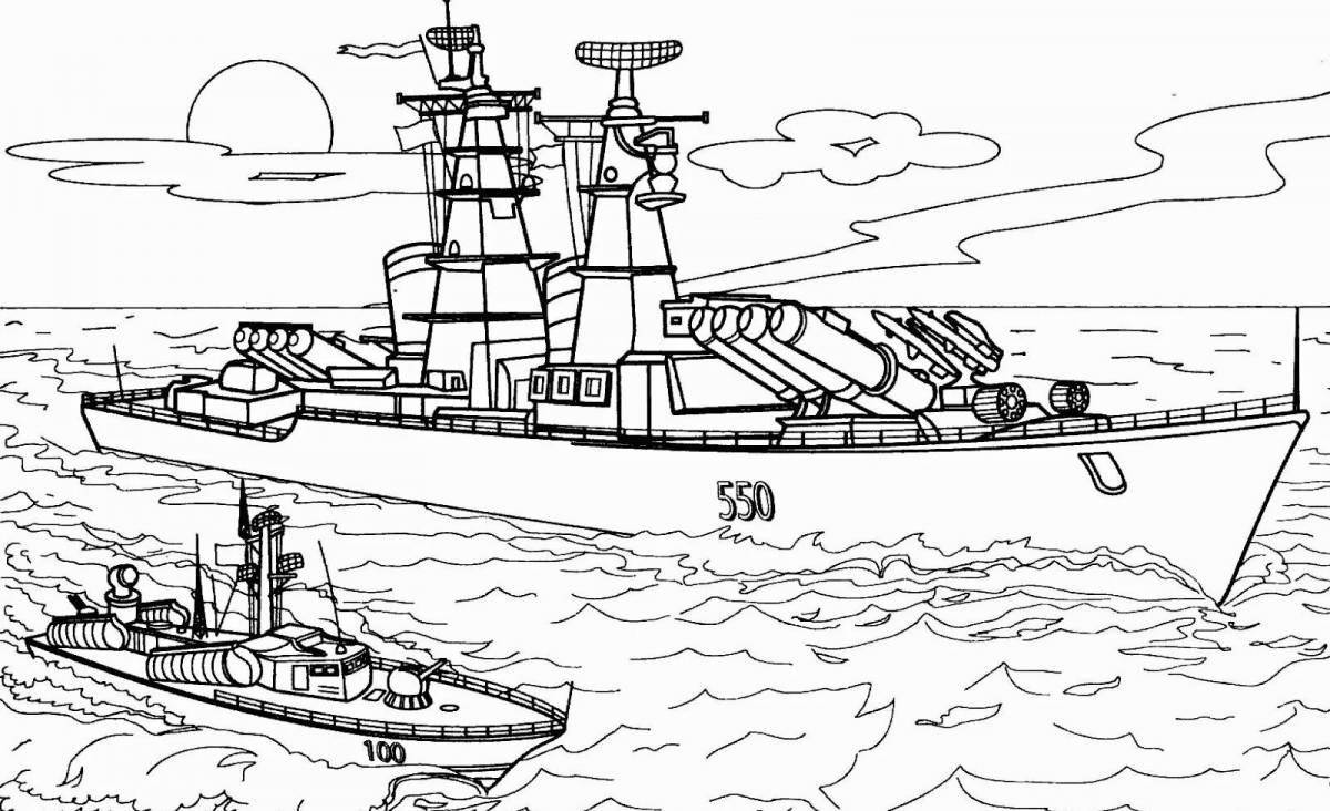 Смелая страница раскраски военного корабля для мальчиков