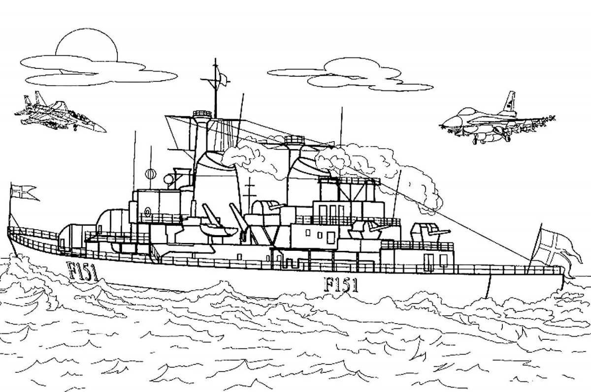Блестяще детализированная страница раскраски военного корабля для мальчиков