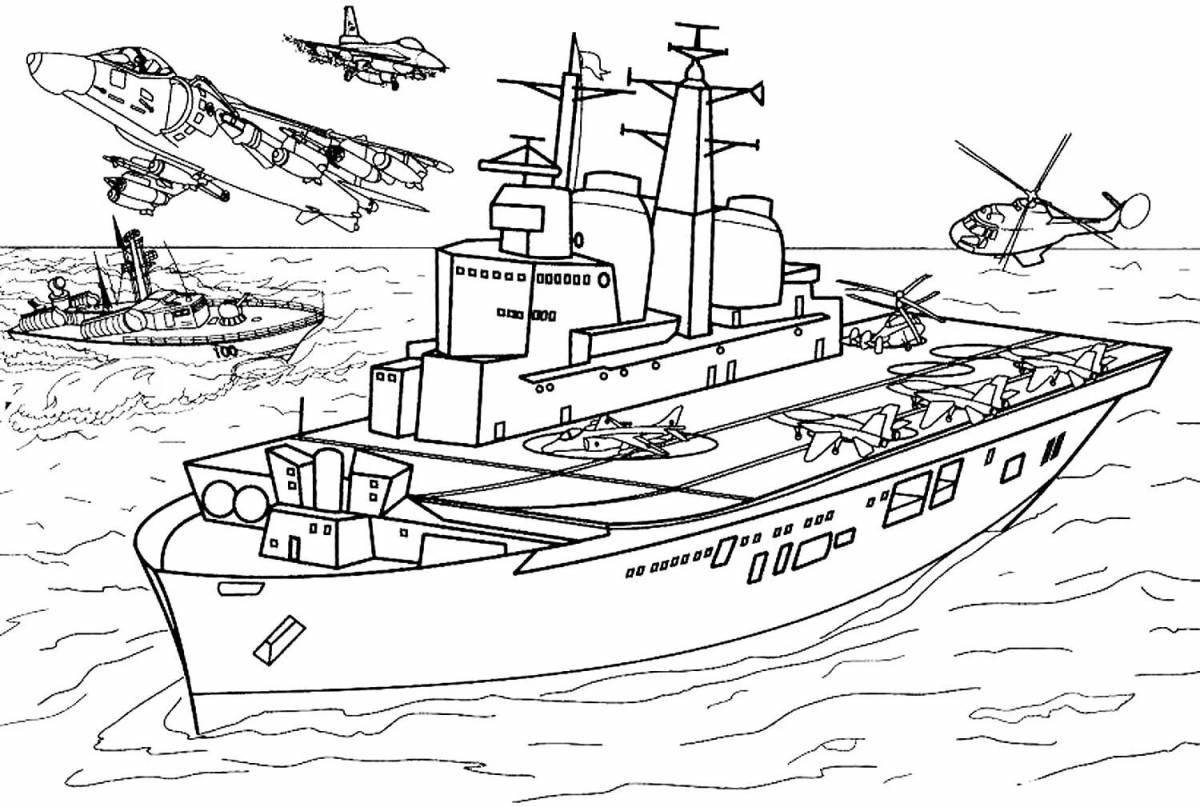 Богато раскрашенная страница раскраски военного корабля для мальчиков