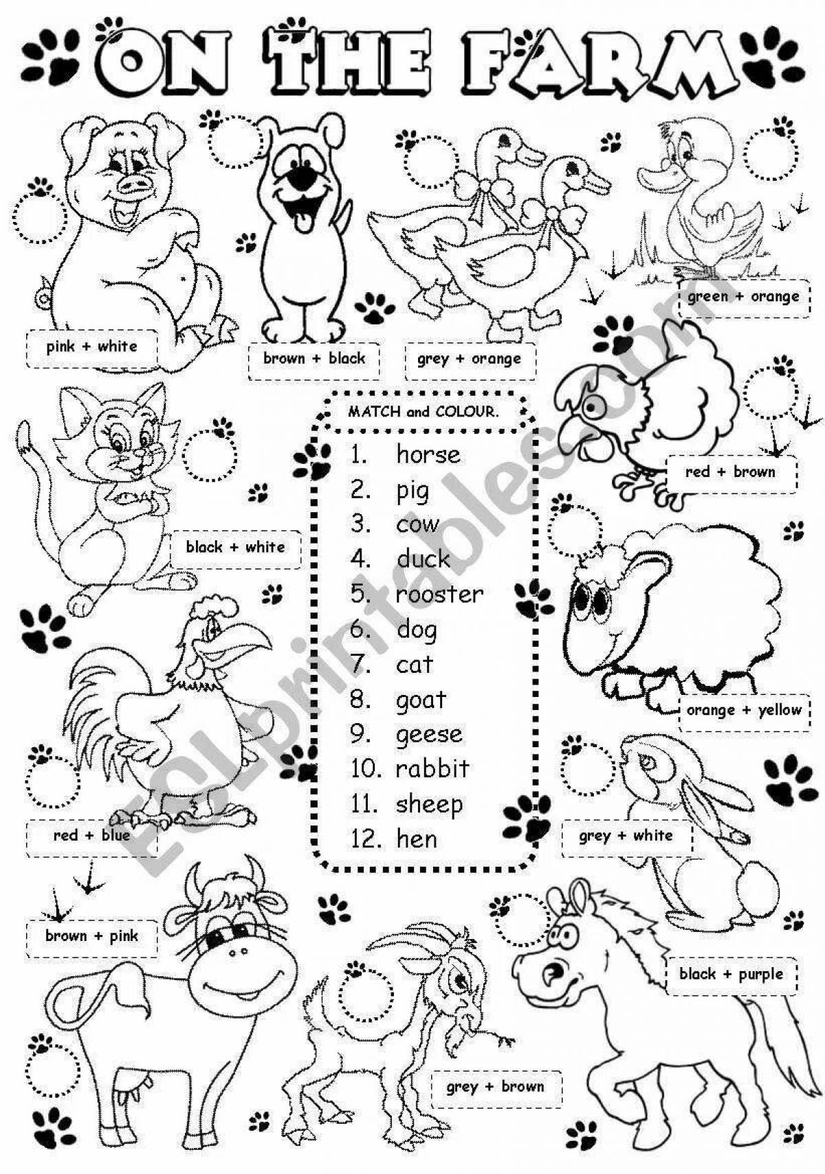 Incredible English animal coloring book for beginners