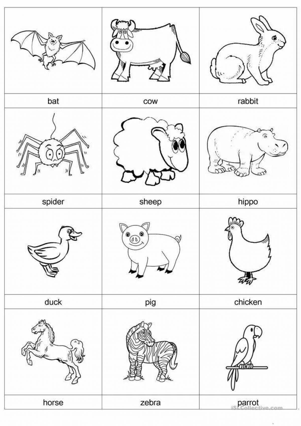 Large english coloring book of animals for schoolchildren