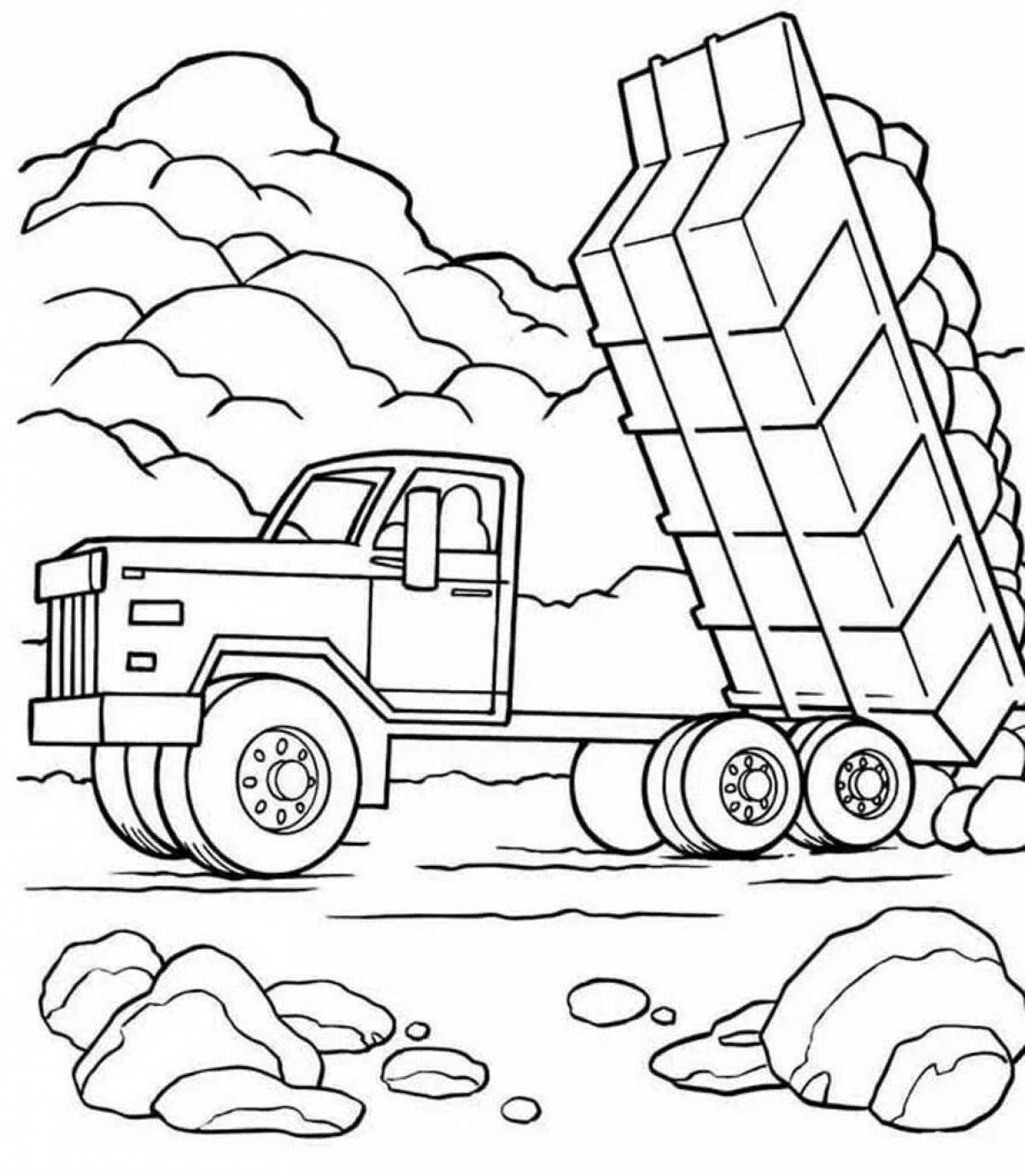 Красочная страница раскраски грузовиков для мальчиков