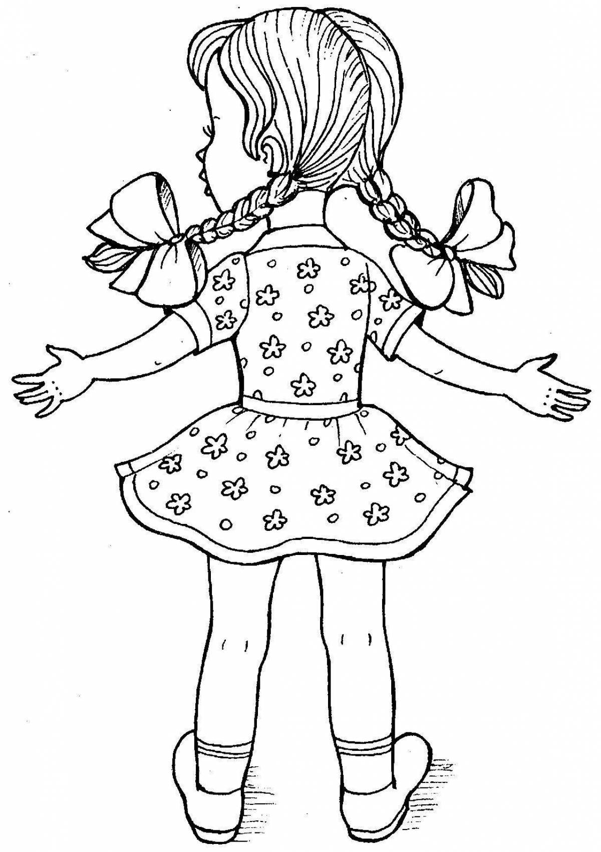 Charming coloring book baby doll in a dress
