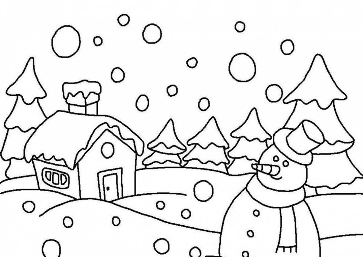 Adorable winter landscape coloring book for kids