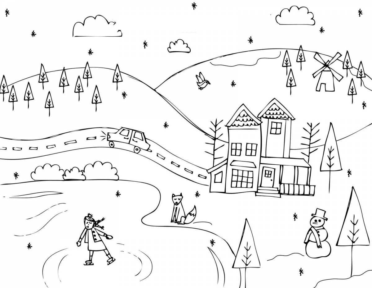 Playful winter landscape coloring page for 7 year olds