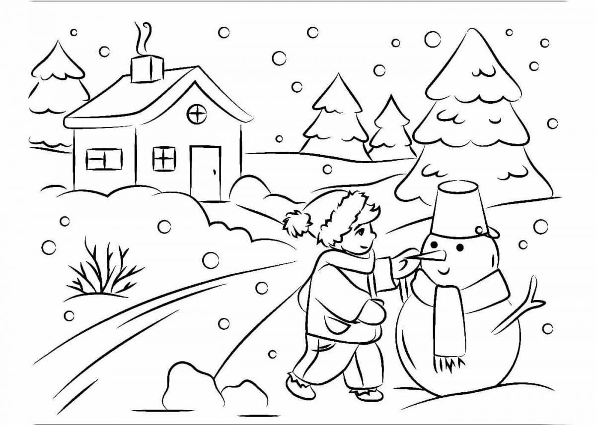 Игривая раскраска «зимний пейзаж» для детей 7 лет