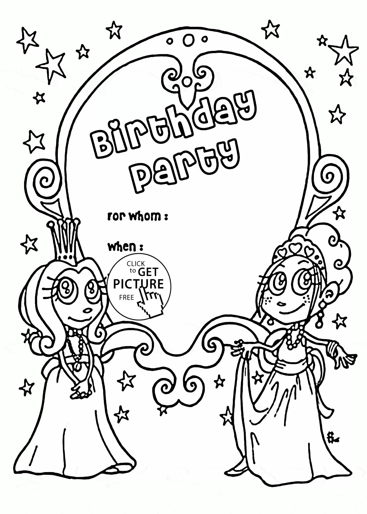 Coloring page birthday invitation for living girls