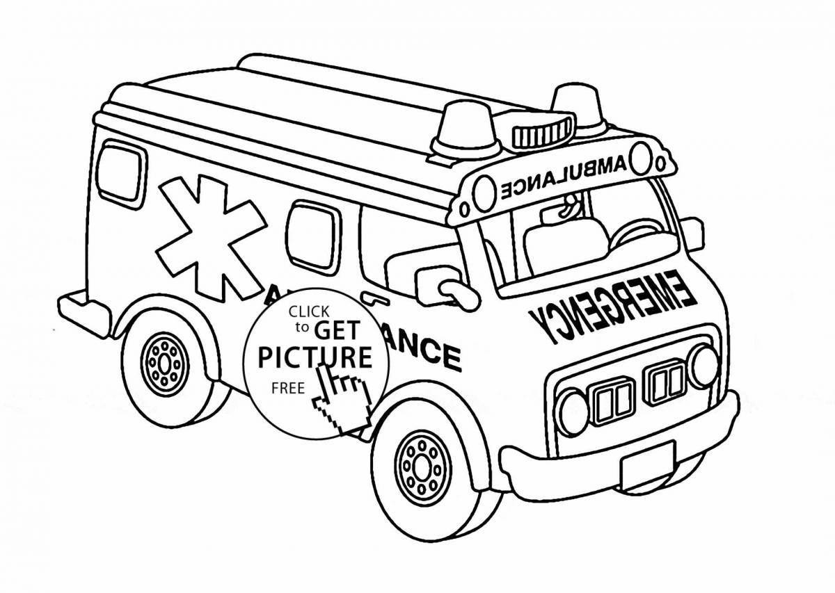 Ambulance playful coloring page for 3-4 year olds