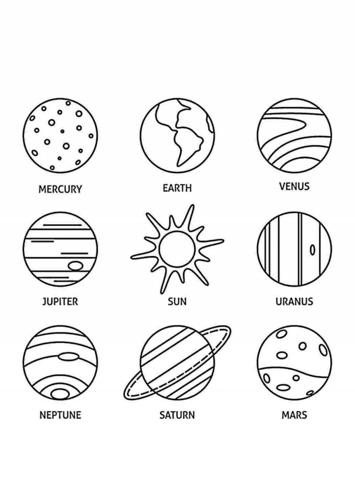 Coloring book of solar system planets with names