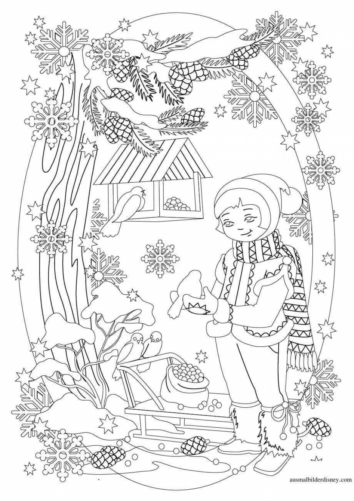 Feed the birds in winter fun coloring book for 6-7 year olds