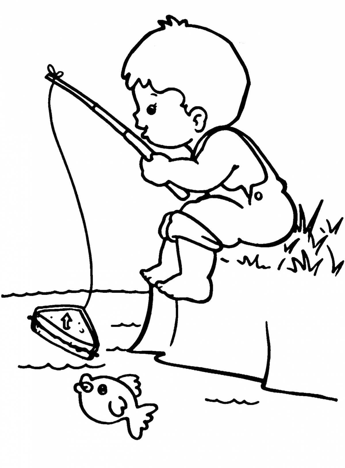 Игривая страница раскраски рыбака для детей