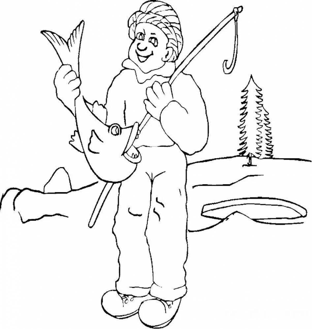 A fun coloring book for kids with a fisherman