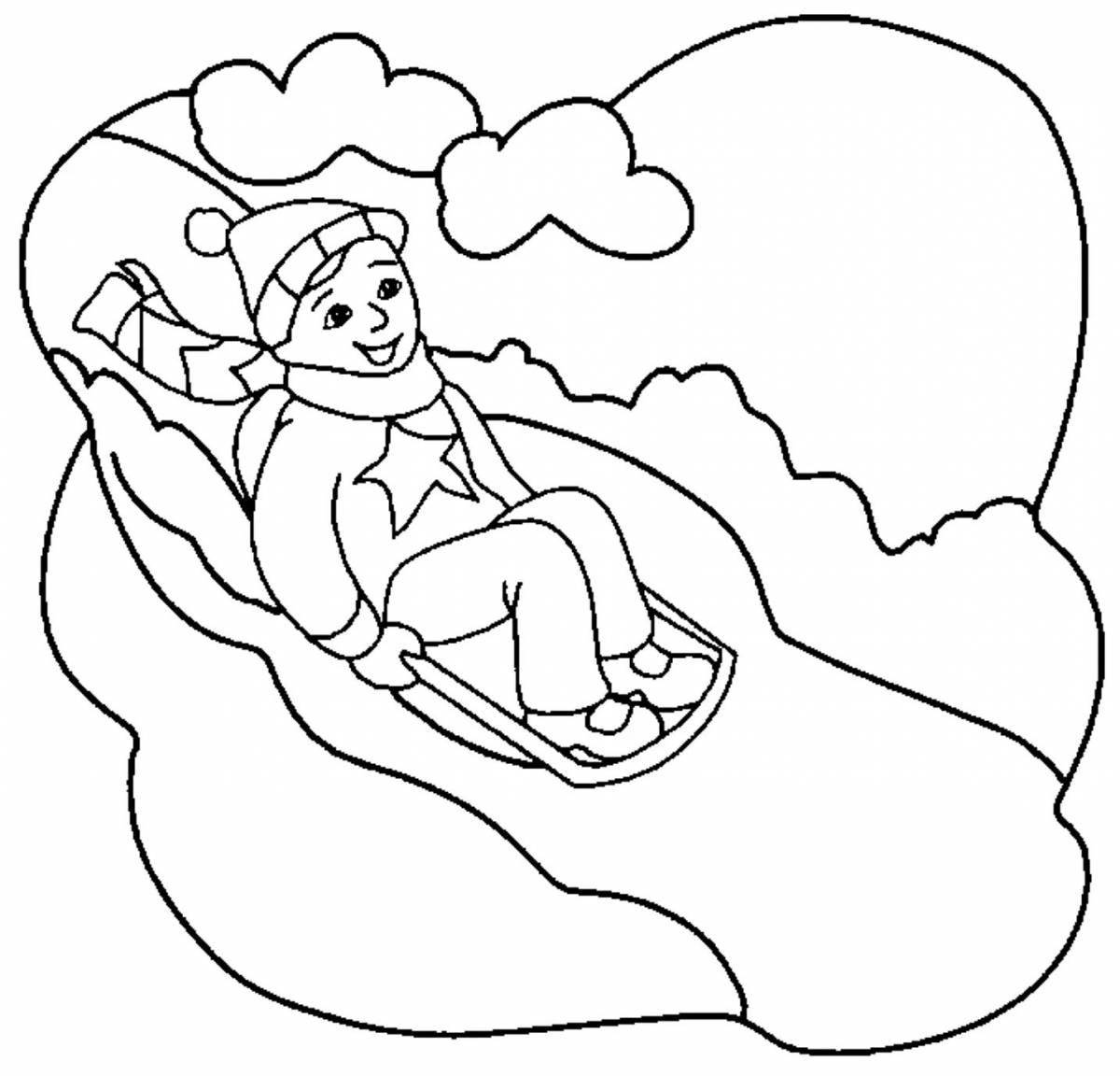 Playful snow slide coloring page