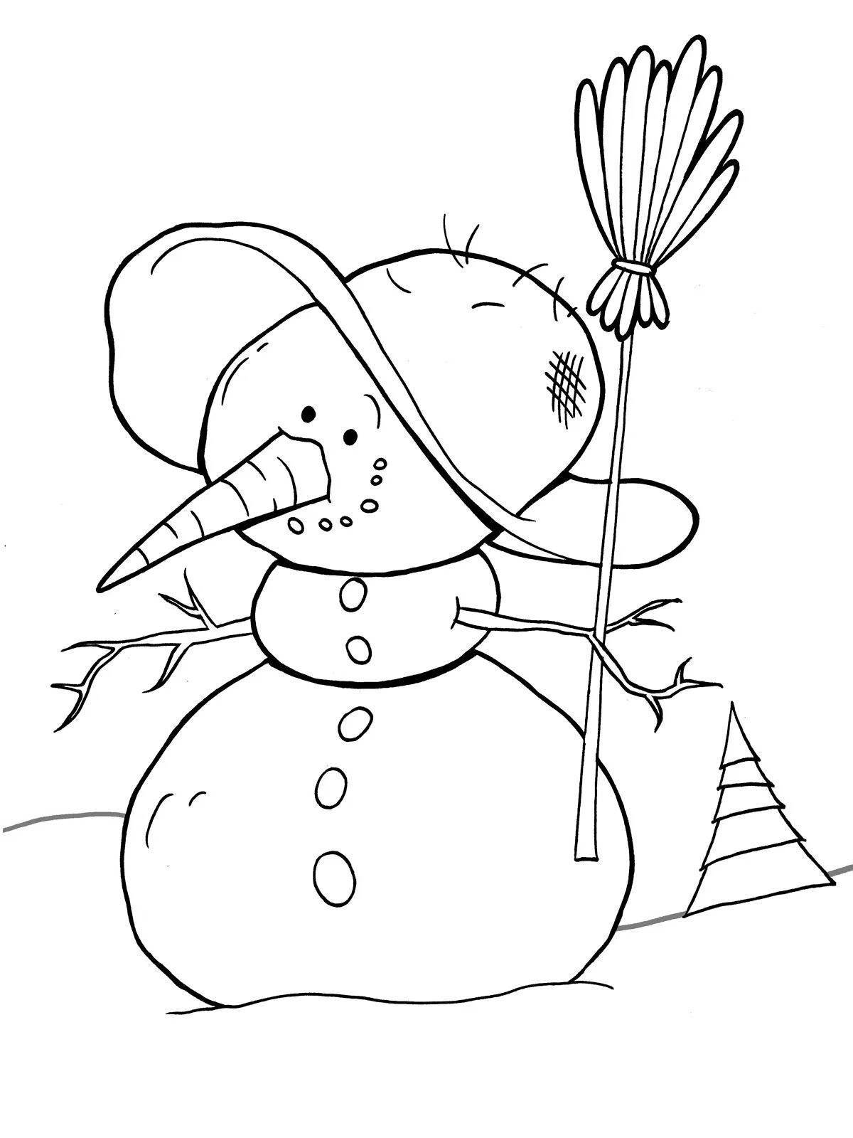 Веселая раскраска смешной снеговик для детей