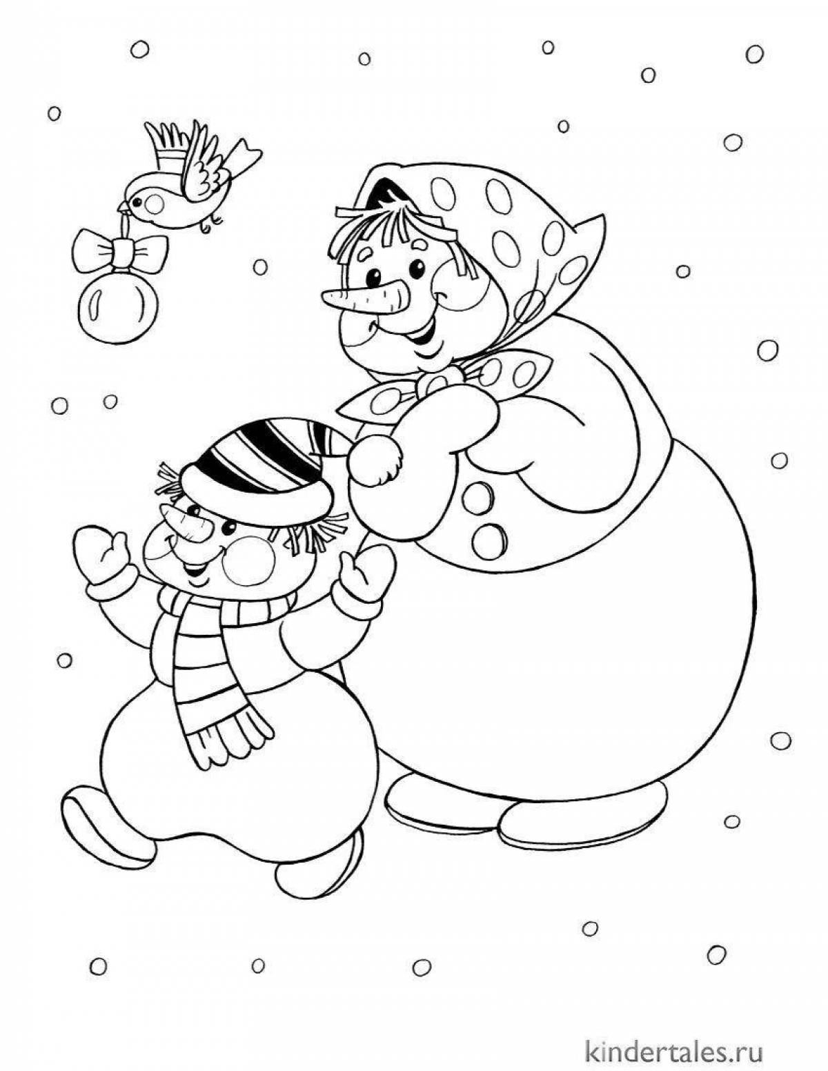 Яркая раскраска смешной снеговик для детей