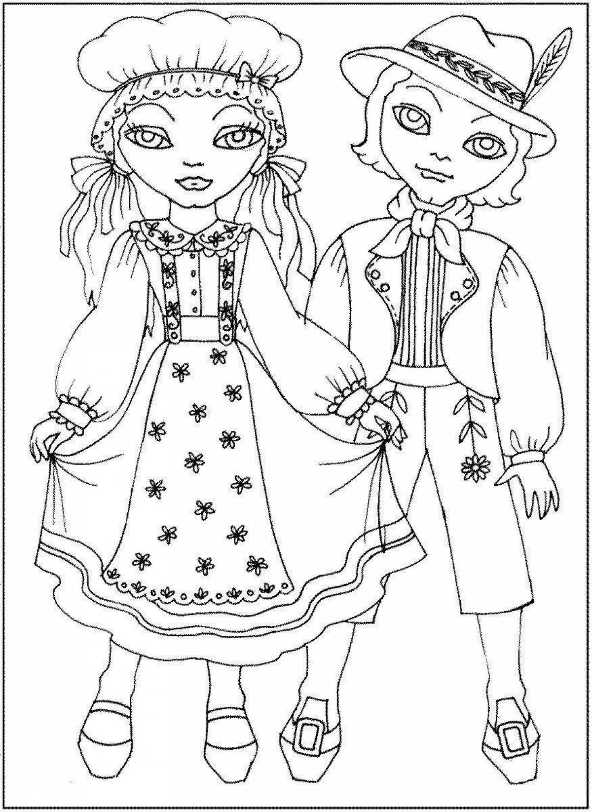 Coloring page stylish folk costume for children