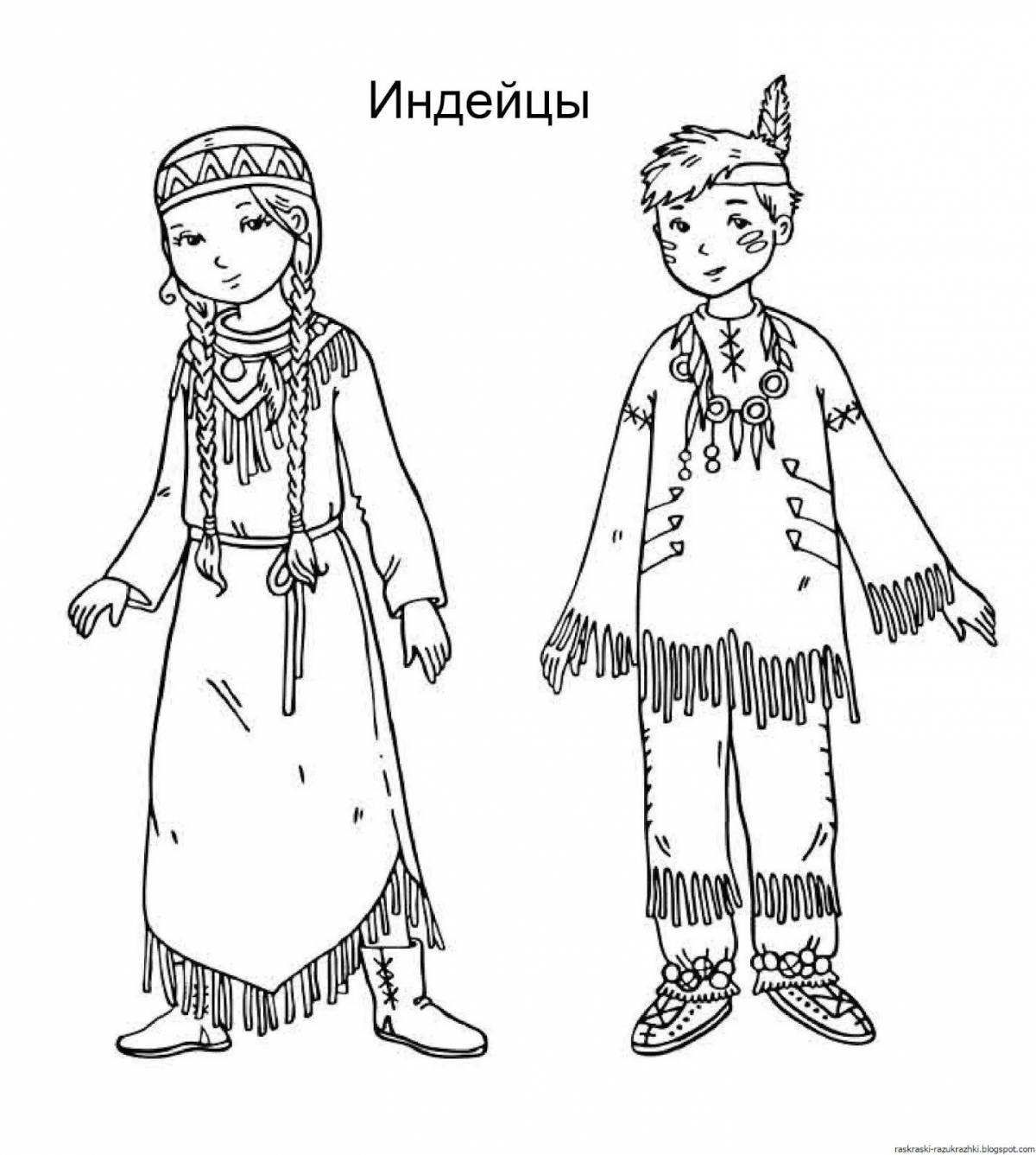 Fashionable folk costume coloring for children