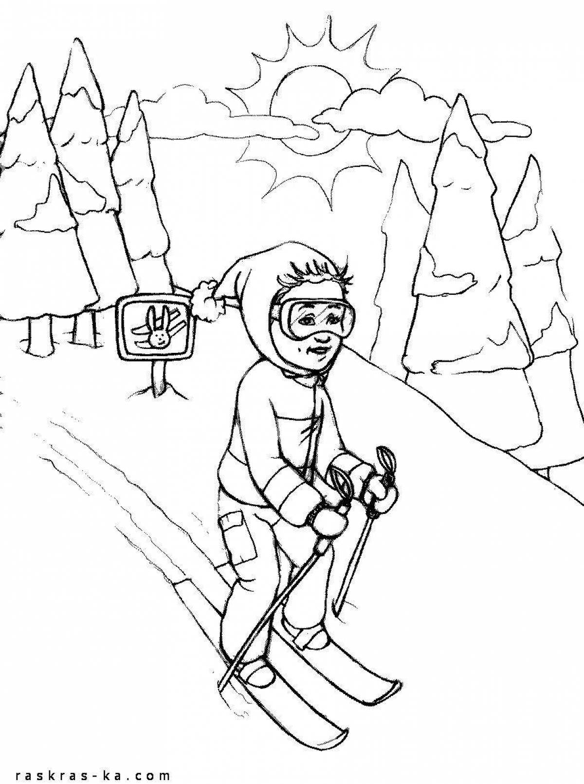 Coloring book adventurous boy skiing