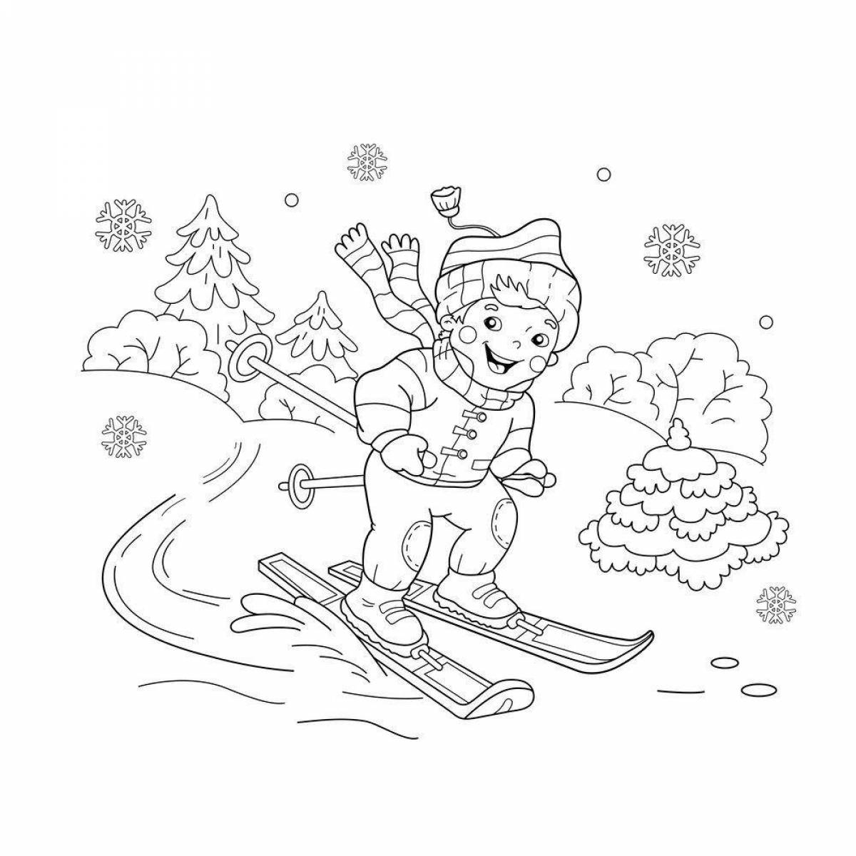 Coloring page joyful boy skiing