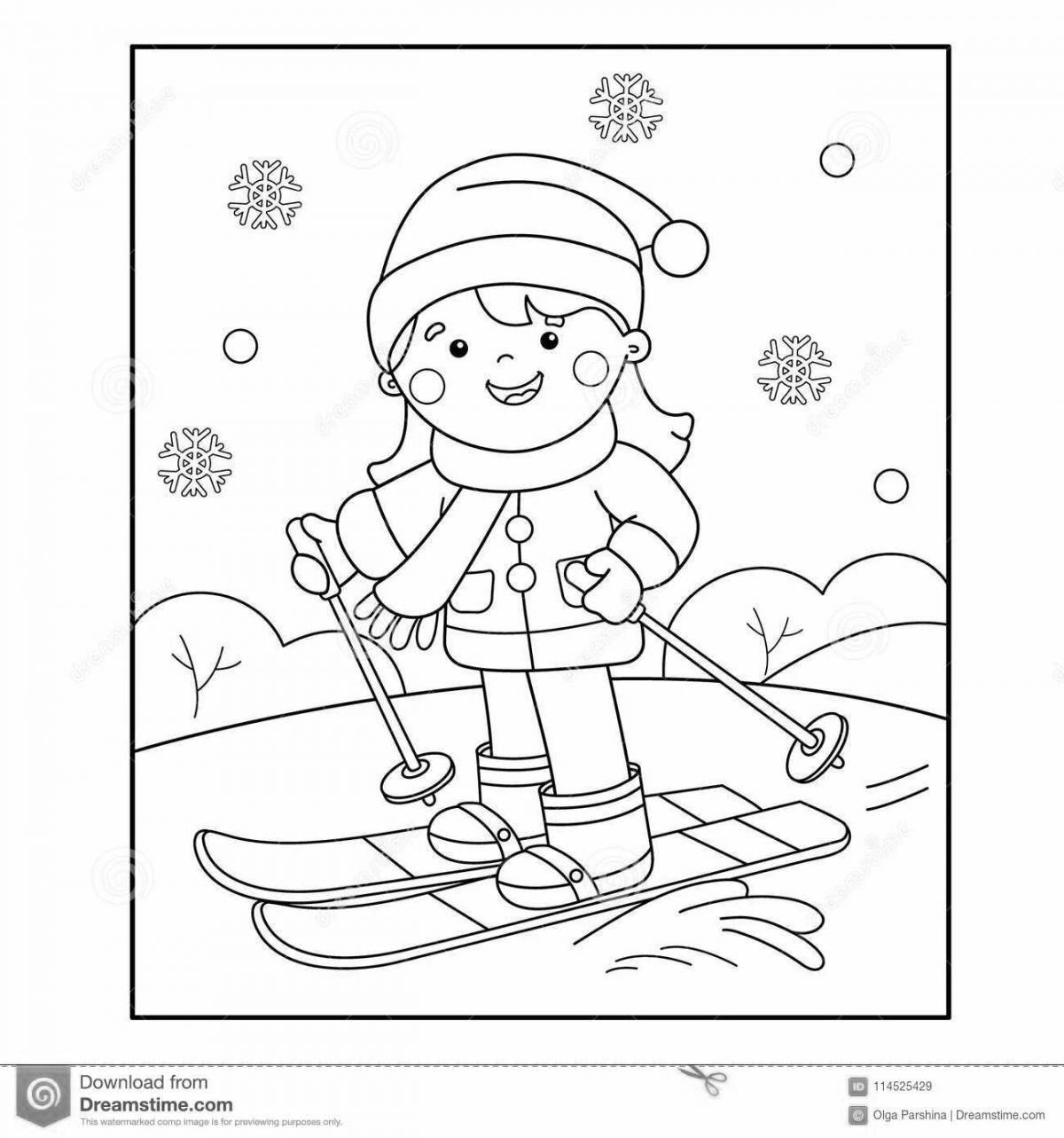 Раскраска игривый мальчик катается на лыжах