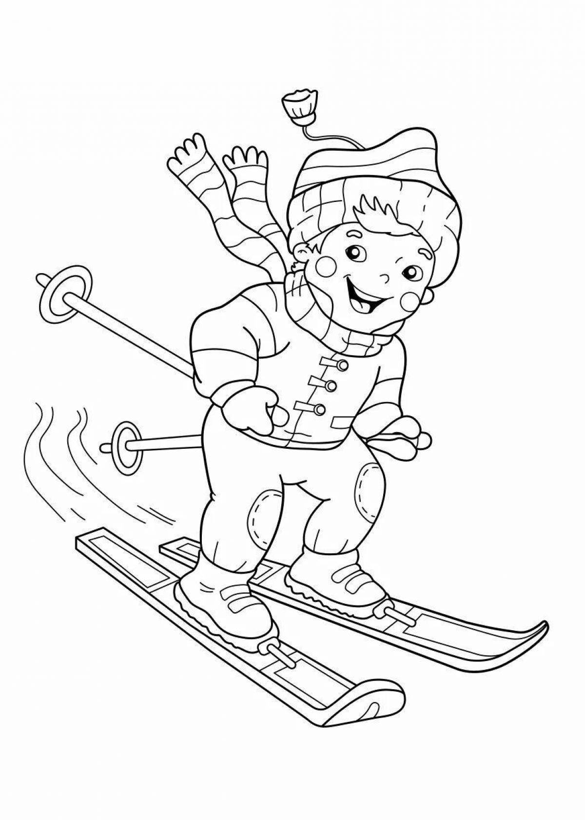 Раскраска веселый мальчик катается на лыжах