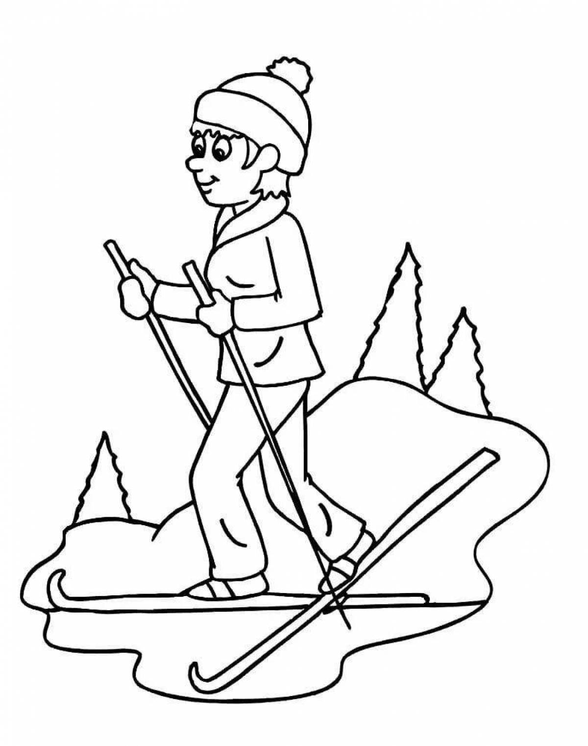 Раскраска смелый мальчик на лыжах