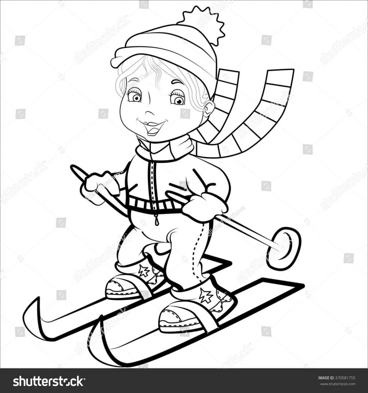 Раскраска храбрый мальчик катается на лыжах