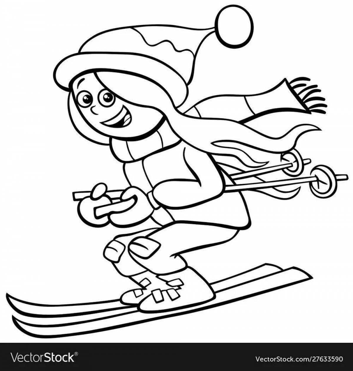 Анимированная страница раскраски мальчика на лыжах