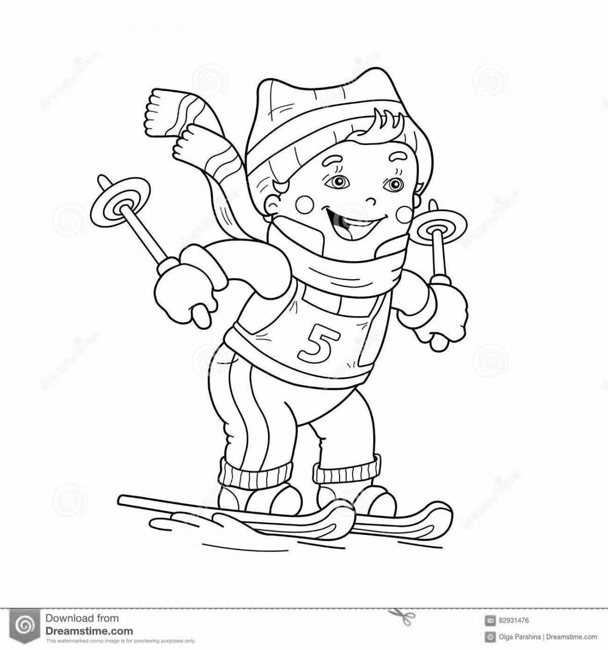 Раскраска бодрый мальчик на лыжах