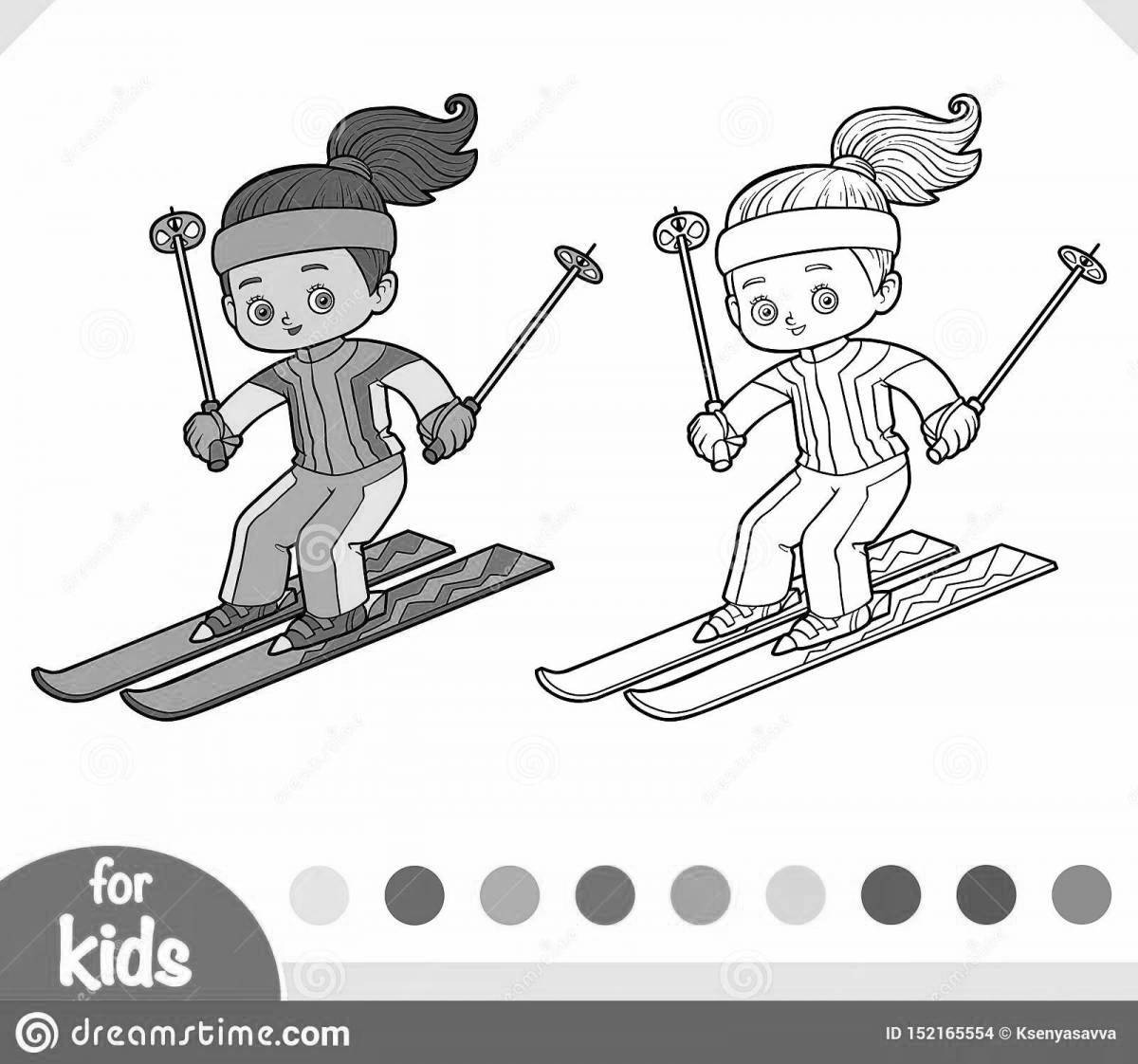 Coloring book exciting boy skiing