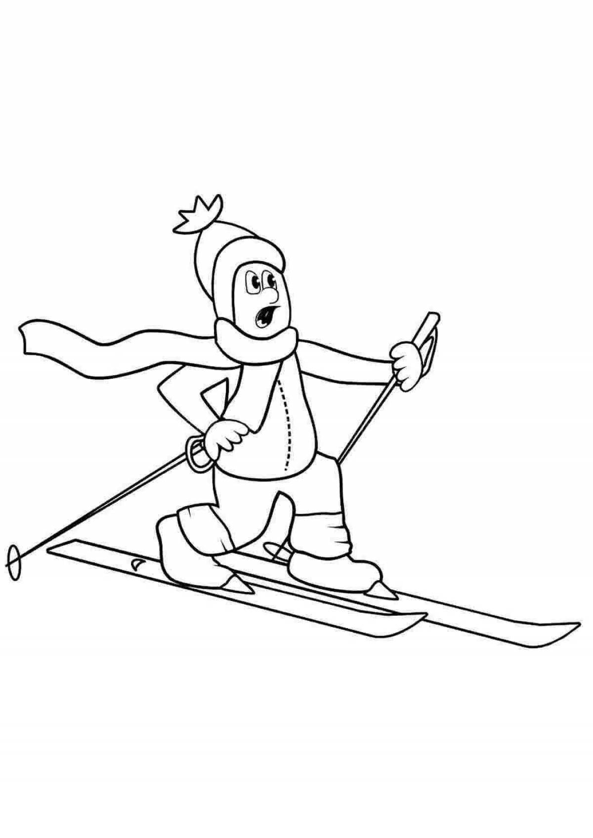 Coloring book of a fascinating boy on skis