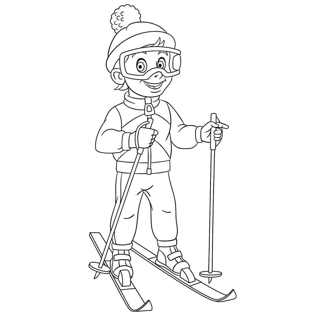 Coloring page energetic boy skiing
