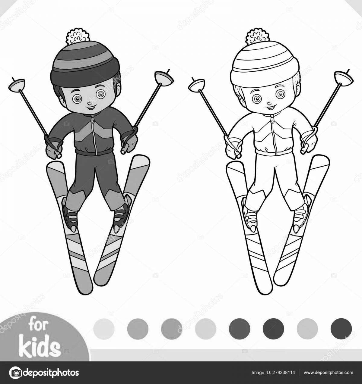 Раскраска симпатичный мальчик катается на лыжах