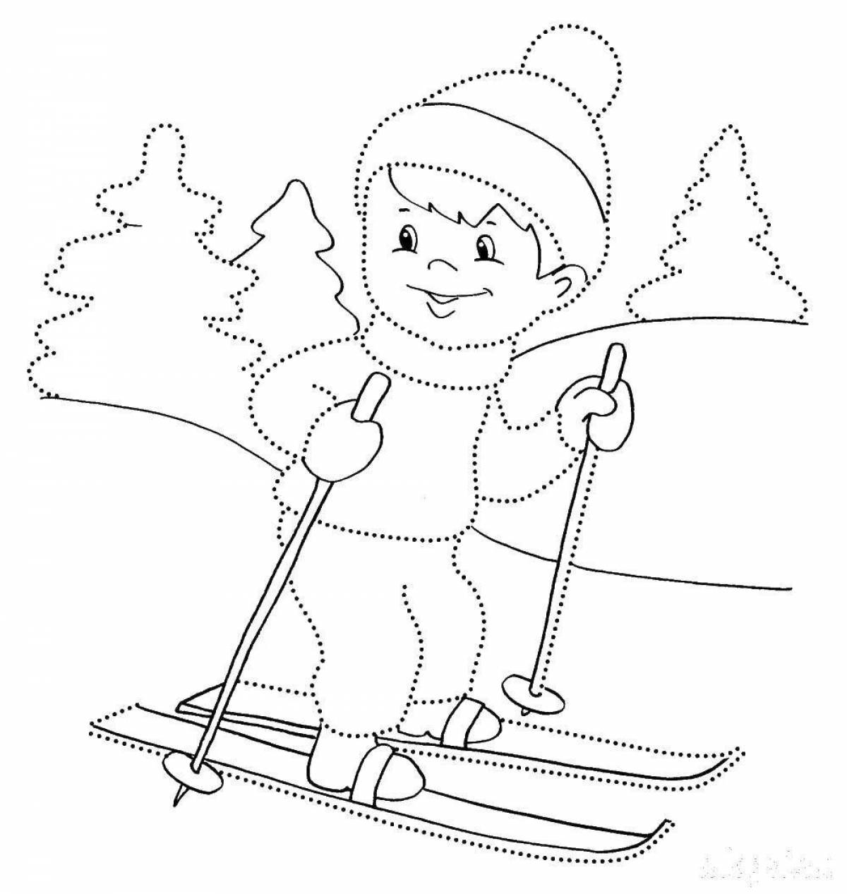 Coloring book of an attractive boy skiing