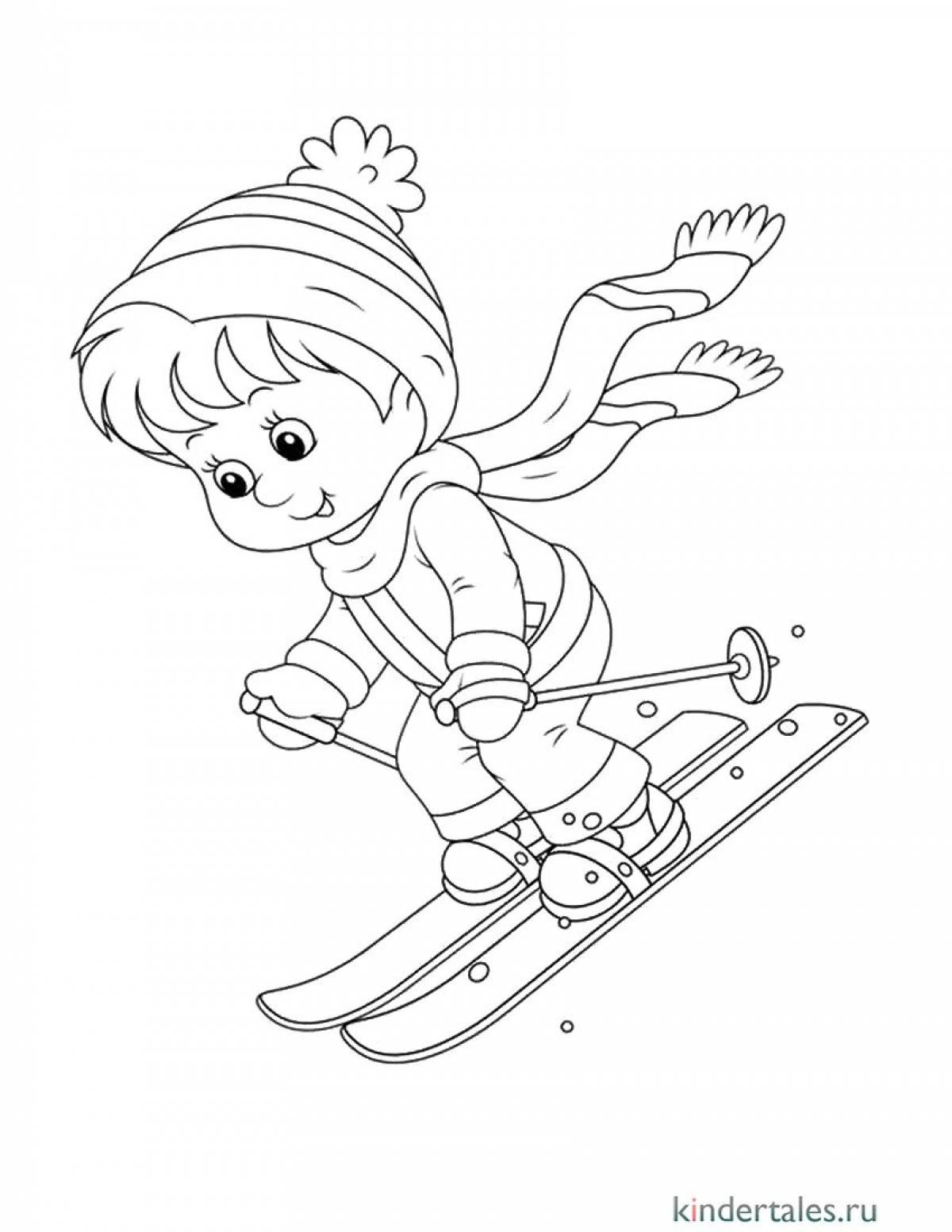 Раскраска неотразимый мальчик на лыжах