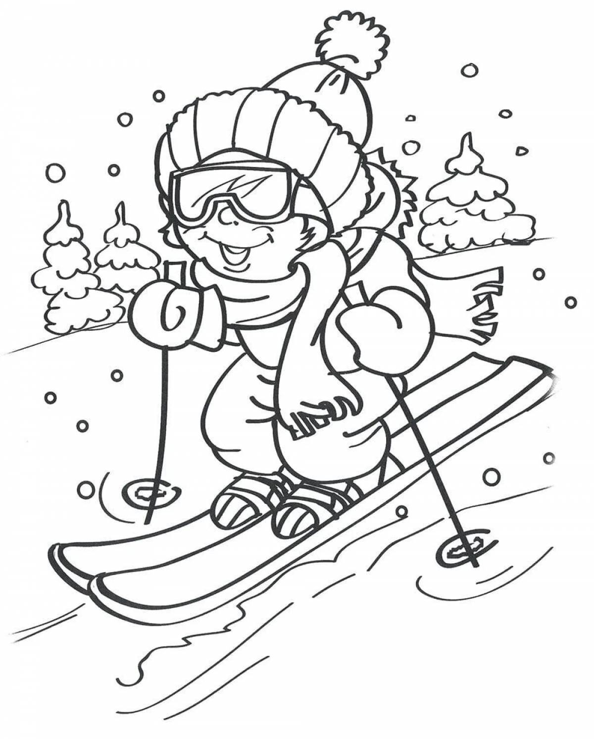 Раскраска завораживающий мальчик на лыжах