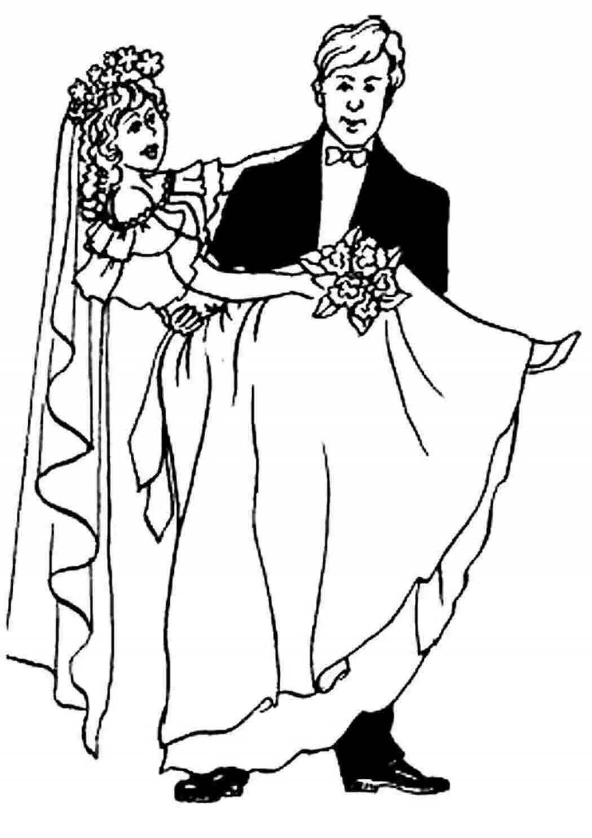 Playful bride and groom coloring page