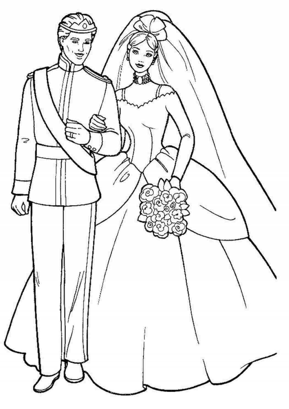 Сказочная страница раскраски жениха и невесты
