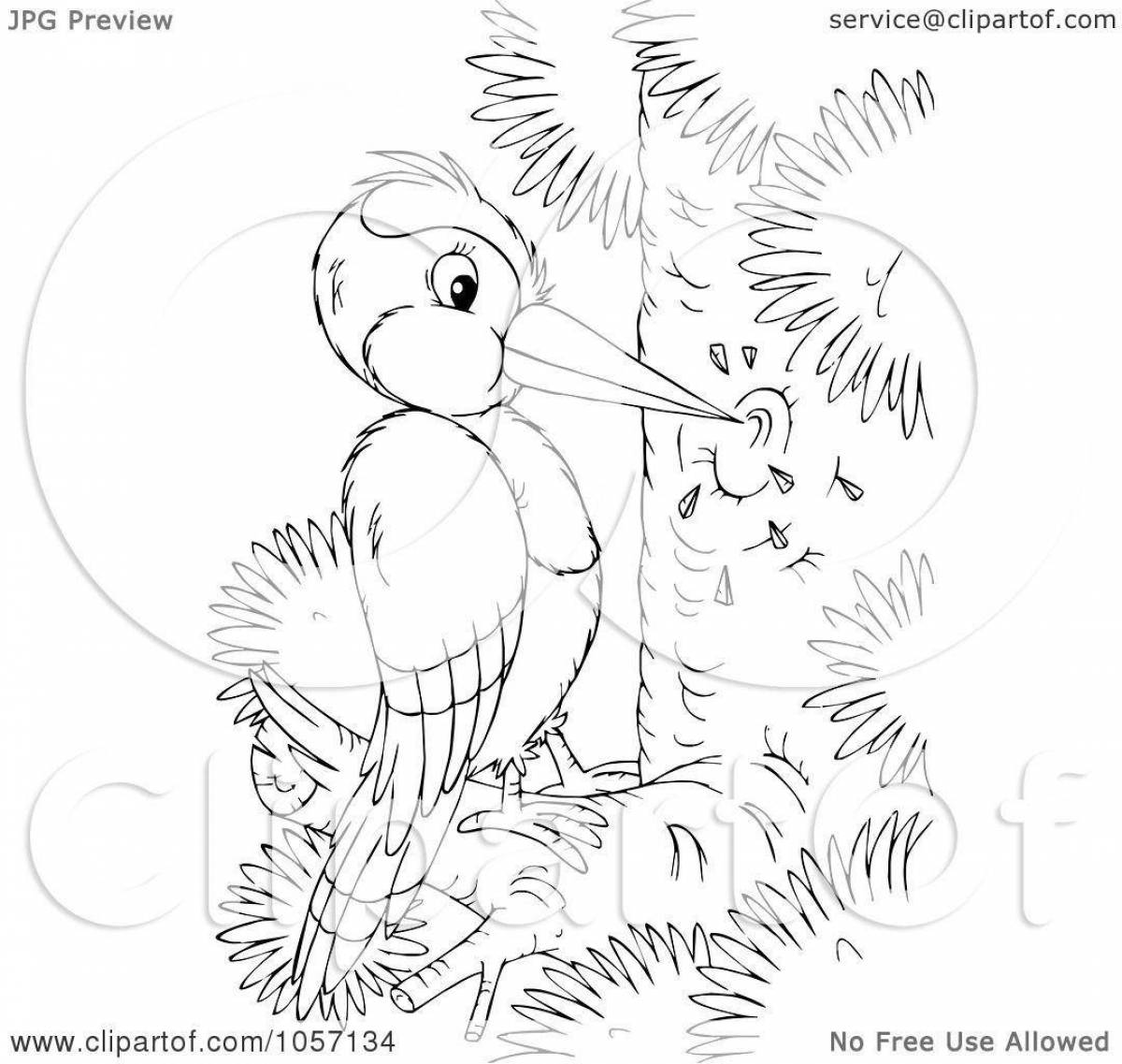Adorable woodpecker coloring page for children 6-7 years old