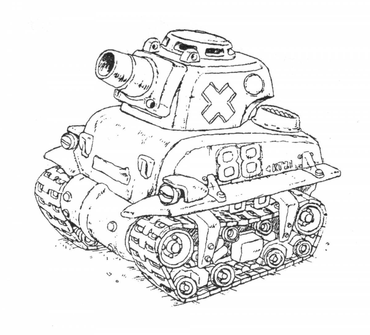 Забавный мультяшный танк-раскраска для детей
