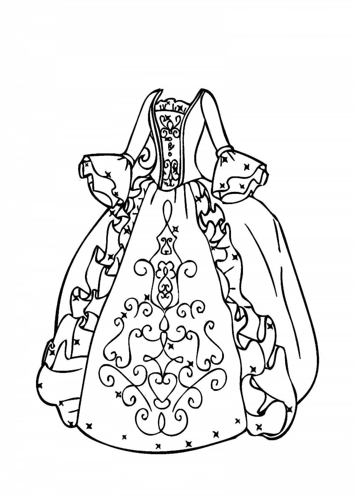 Страница раскраски богато украшенного платья для детей 5-6 лет