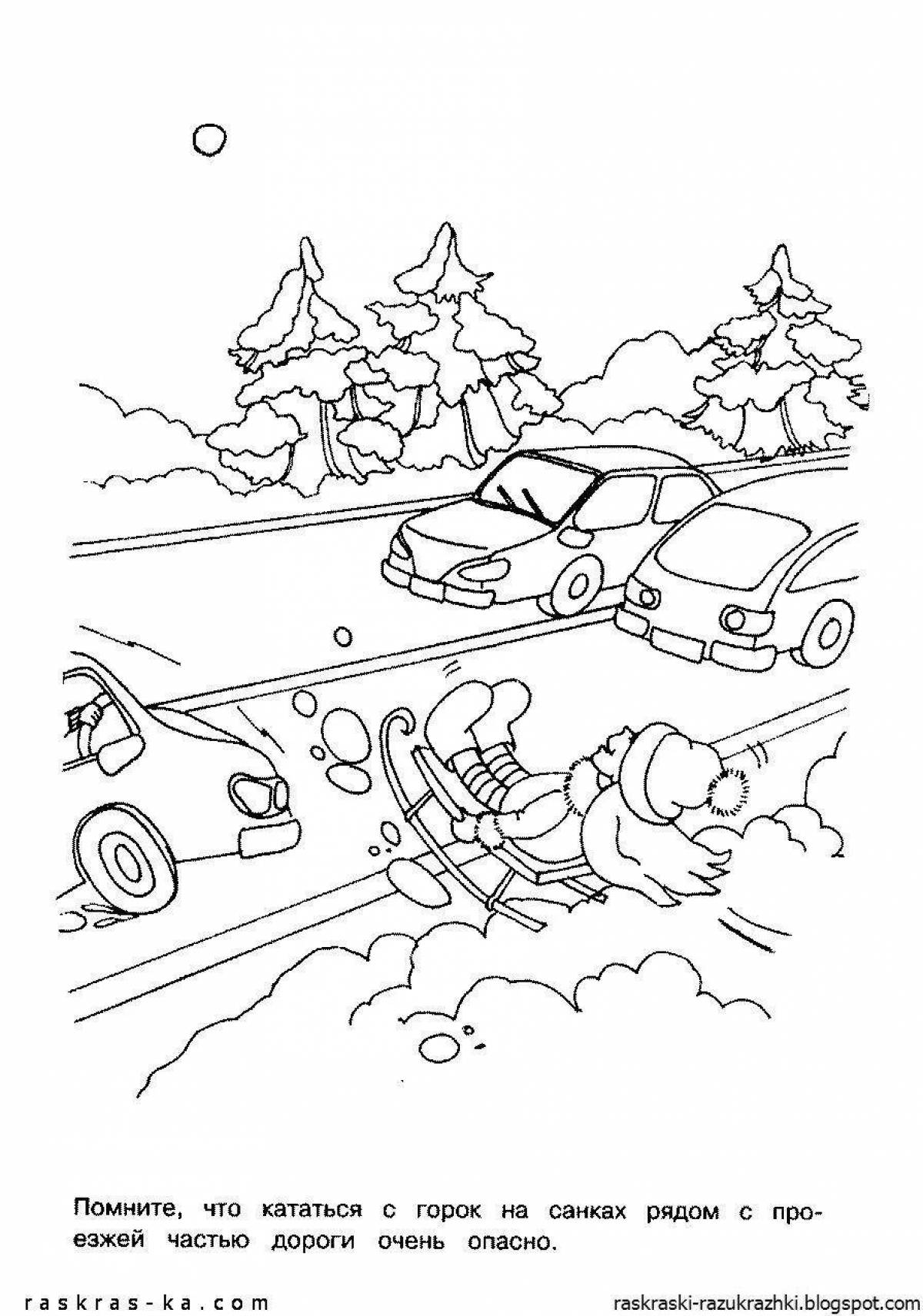 Interesting safety coloring page for 6-7 year olds