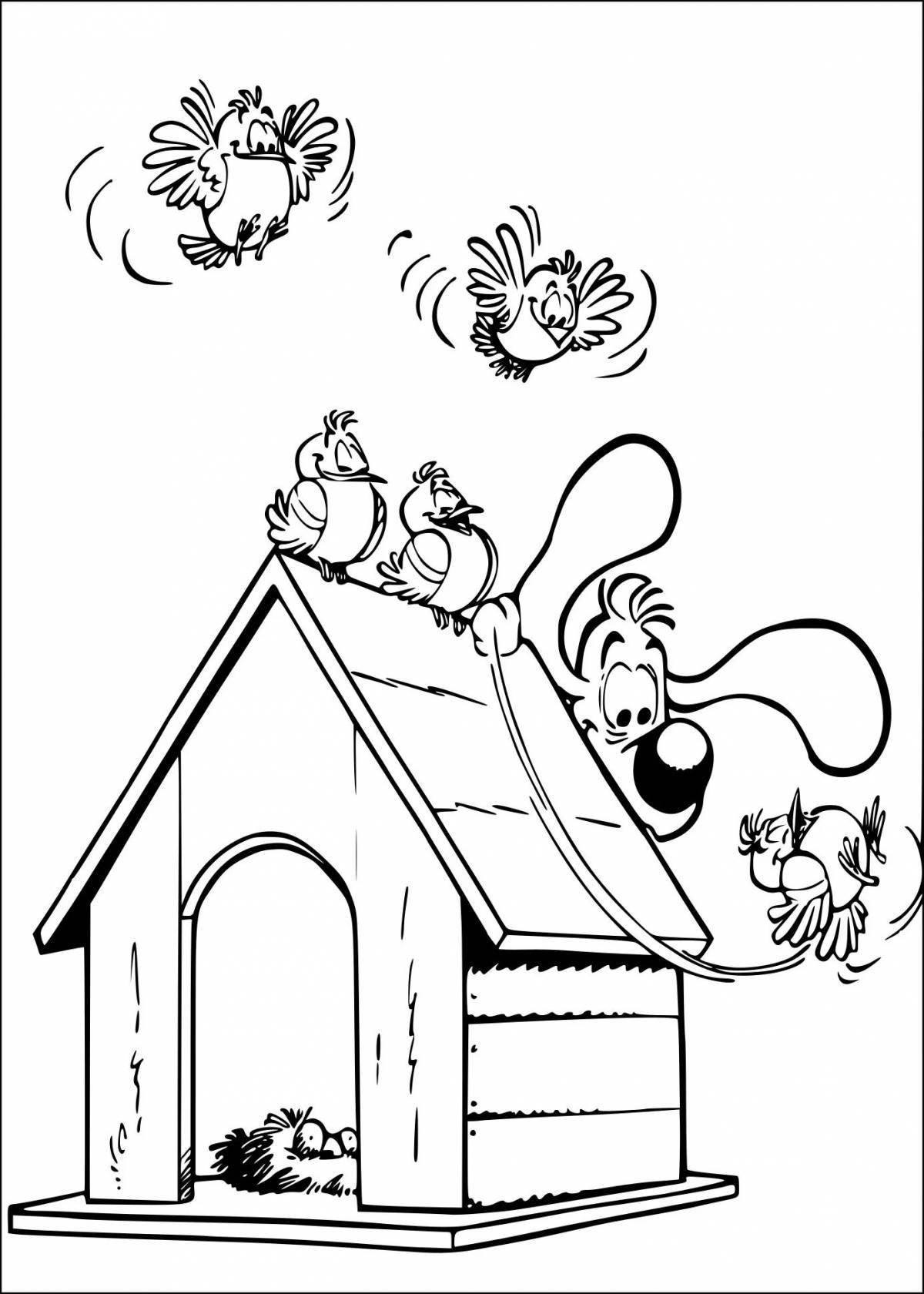 Раскраска яркий кошачий домик для дошкольников