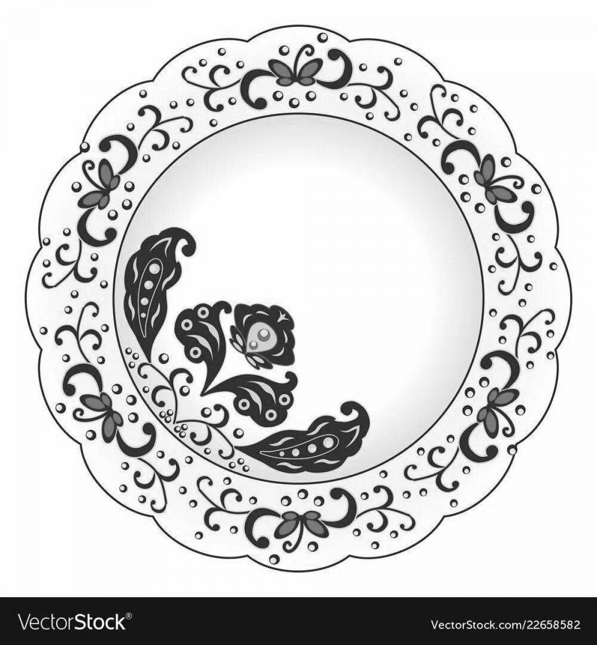 Шаблон тарелки с весёлой гжельской росписью