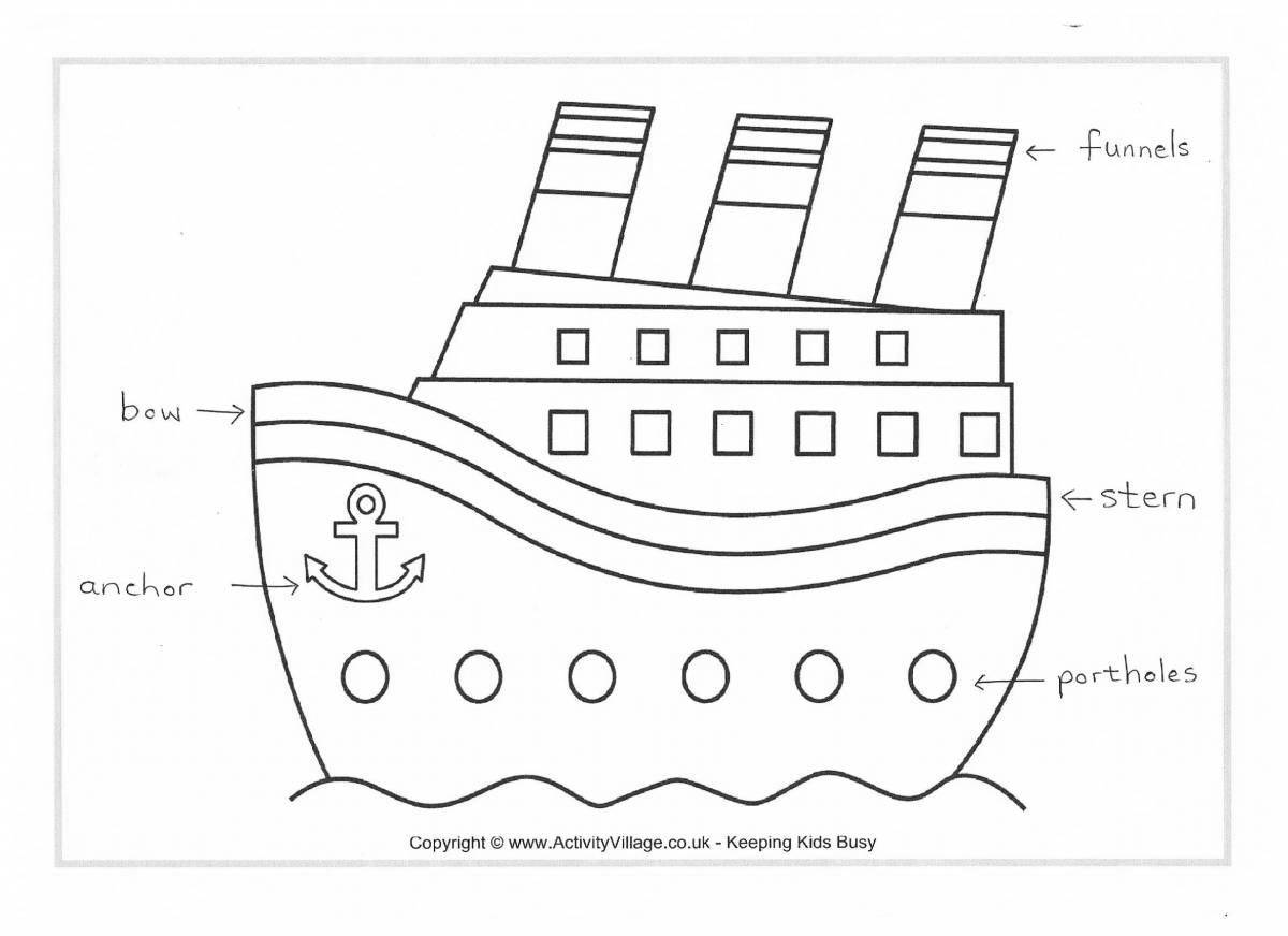 Красочная страница раскраски пароход для детей