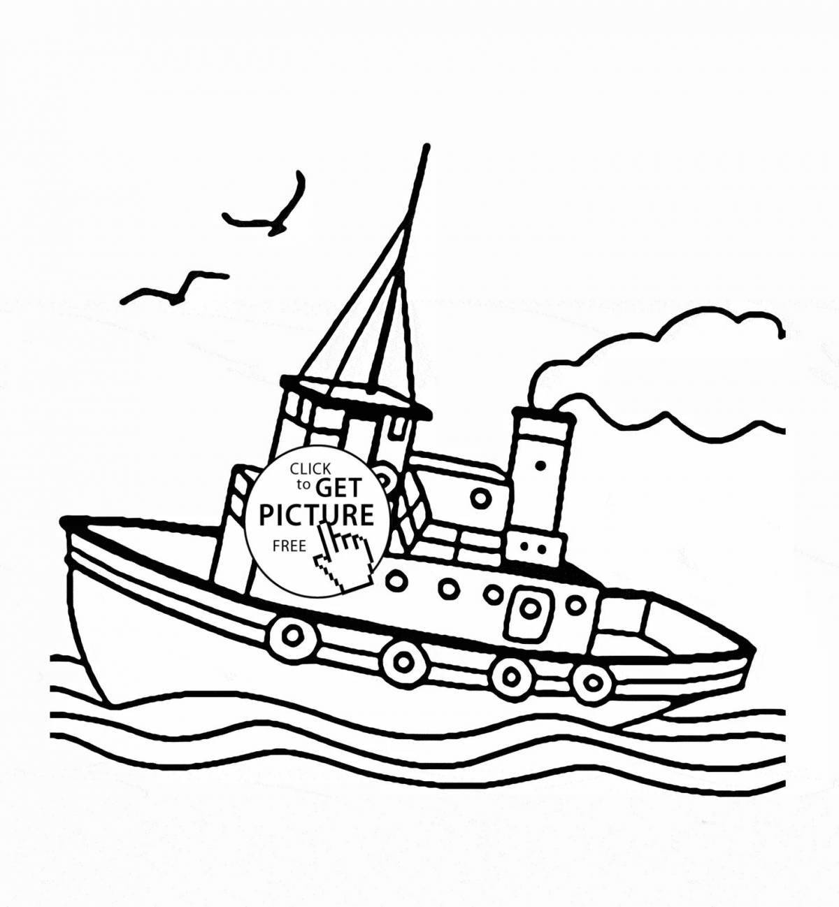Яркая раскраска парохода для детей