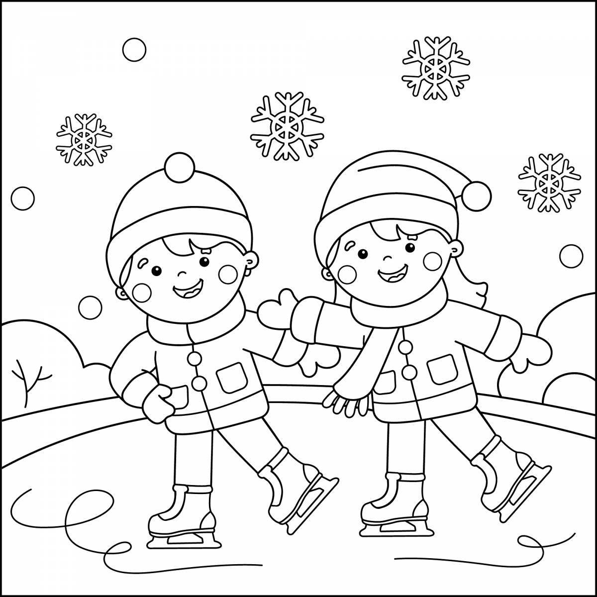 Веселая раскраска зимний спорт для детей 6-7 лет