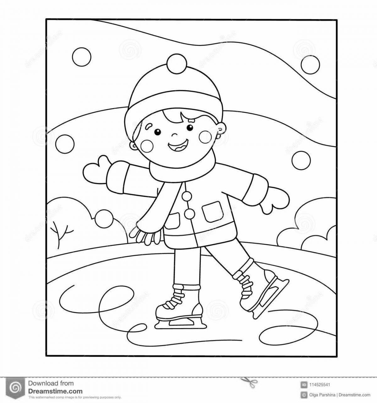 Playful winter sports coloring page for 6-7 year olds