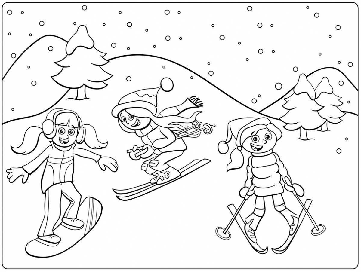 Развлекательная раскраска зимний спорт для детей 6-7 лет