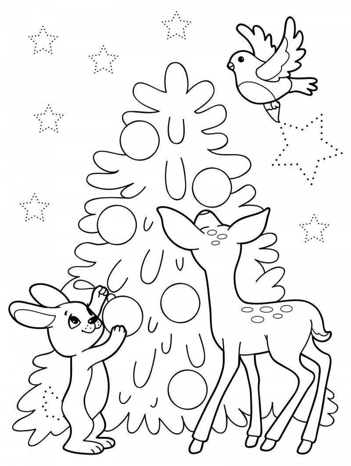 Coloring bright Christmas tree for children 5-6 years old